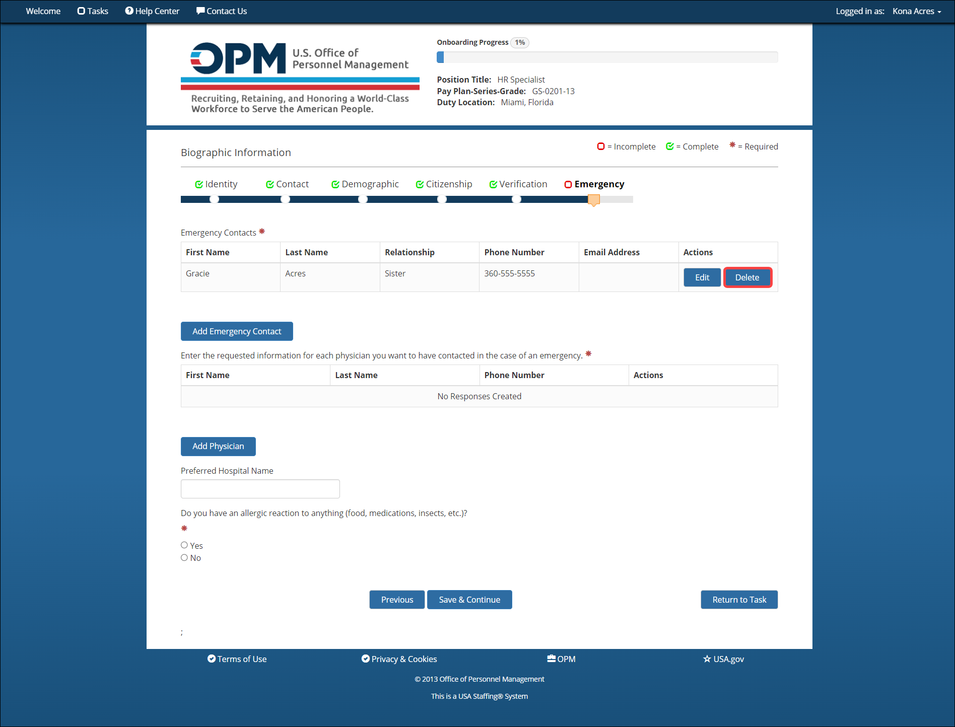 New Hire Delete Emergency Contact information